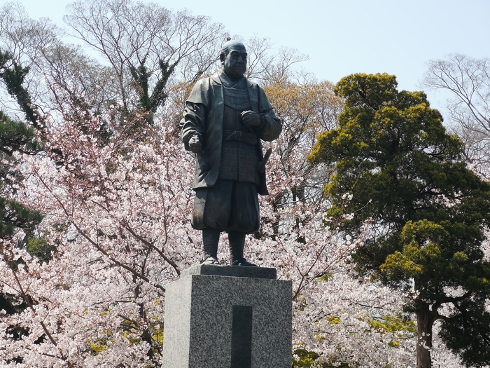 徳川家康銅像と桜